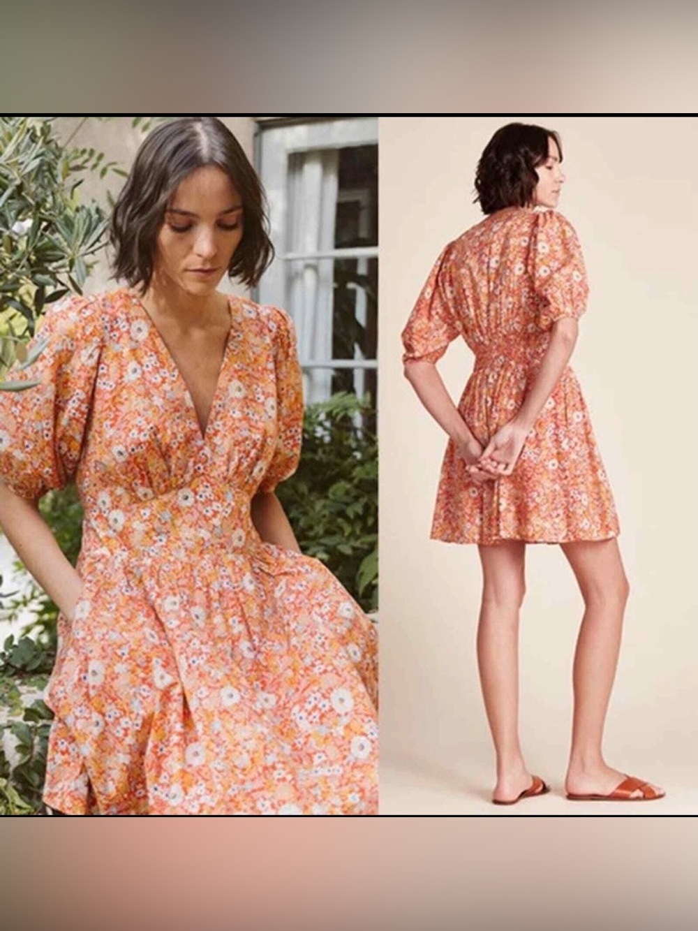 Trovata Birds of Paradis Gia Dress Floral V-Neck Puff Sleeve Mini Dress Orange